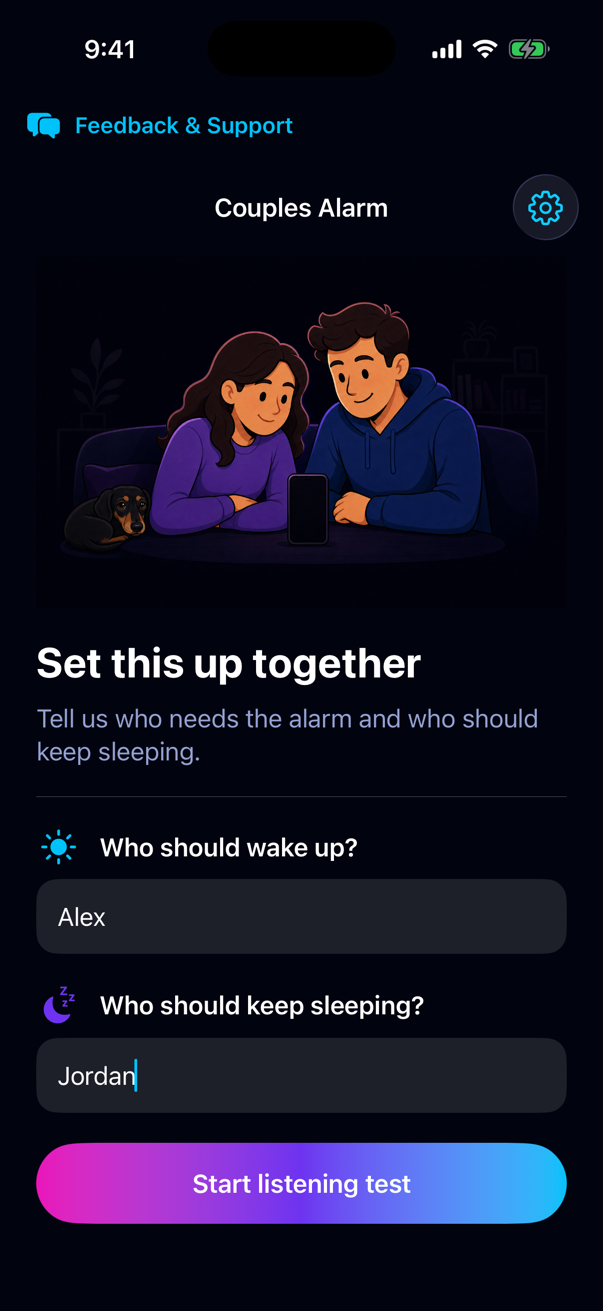 A couple setting up Couples Alarm together